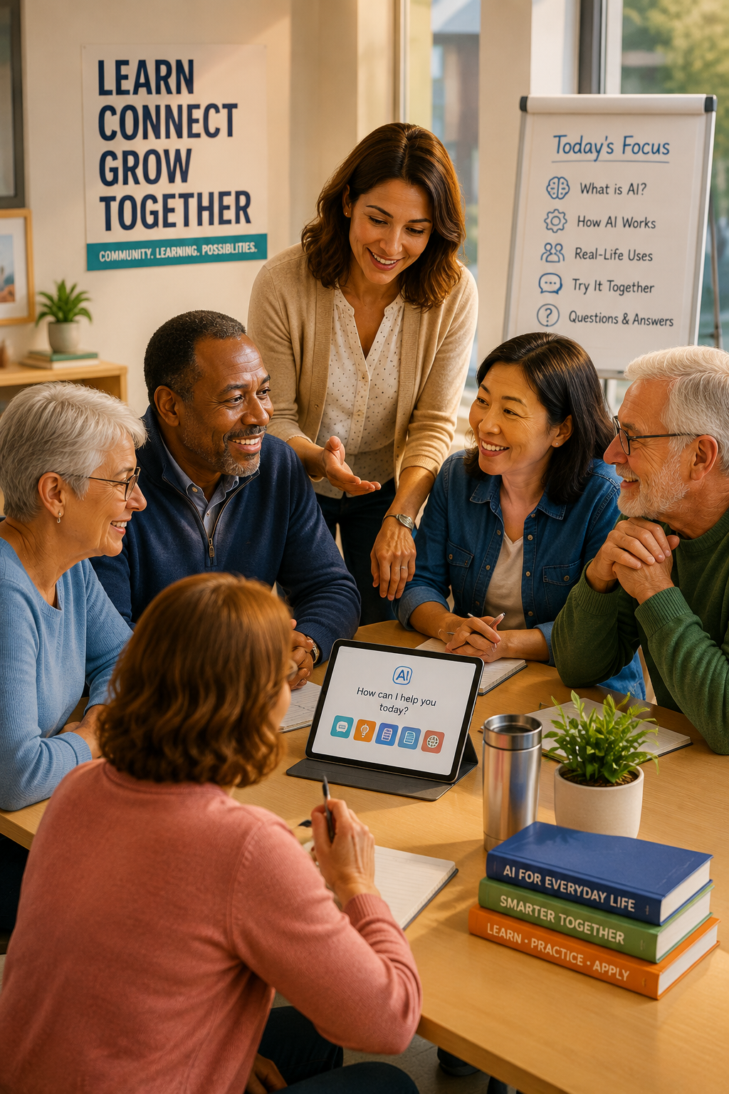 Adults learning about artificial intelligence in a community classroom